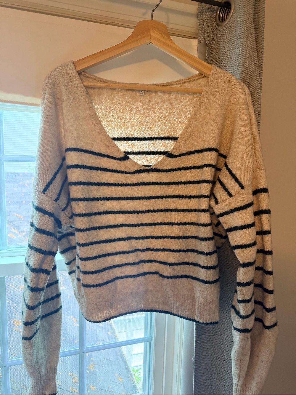 Madewell Cream and Black Striped V-Neck Sweater